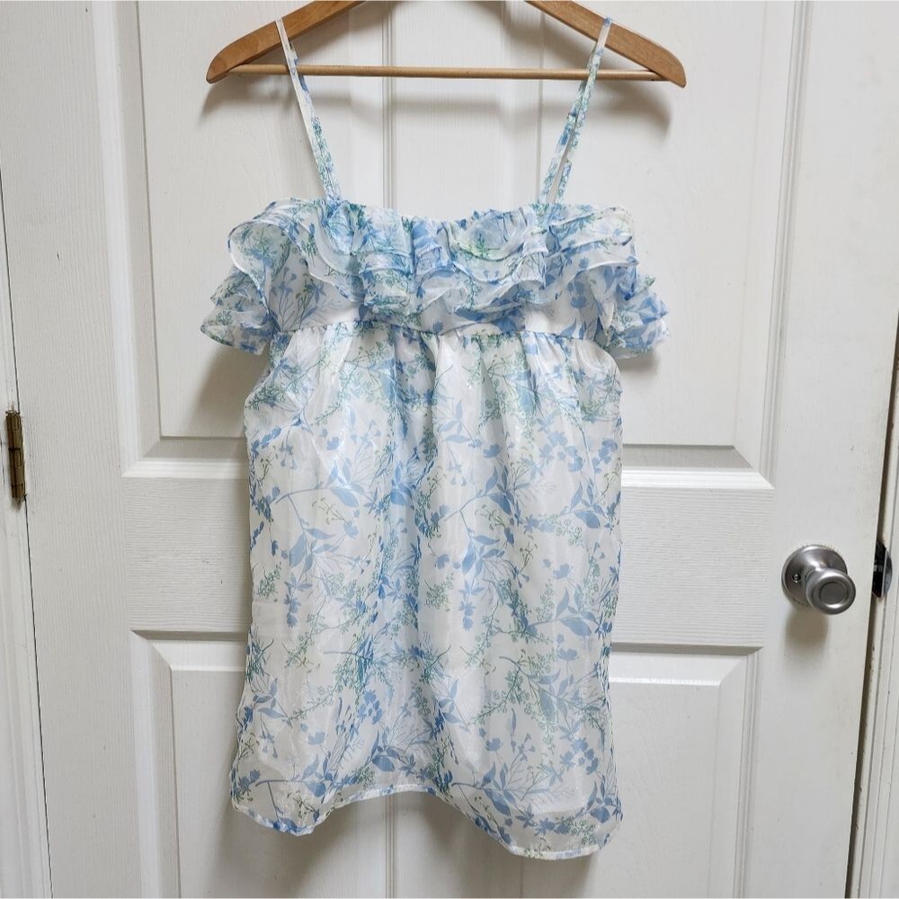 Storia Baby Doll Dress Women S Blue Floral Chiffon Sleeveless Ruffle Straps Mini